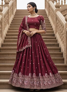 Graceful Burgandy Vichitra Silk Embroidered Umbrella Lehenga
