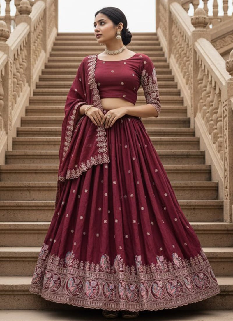 Graceful Burgandy Vichitra Silk Embroidered Umbrella Lehenga Festive Wear