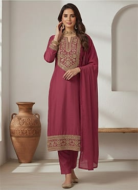Graceful Burgundy Silk Zari Sequins Straight Pant Suit