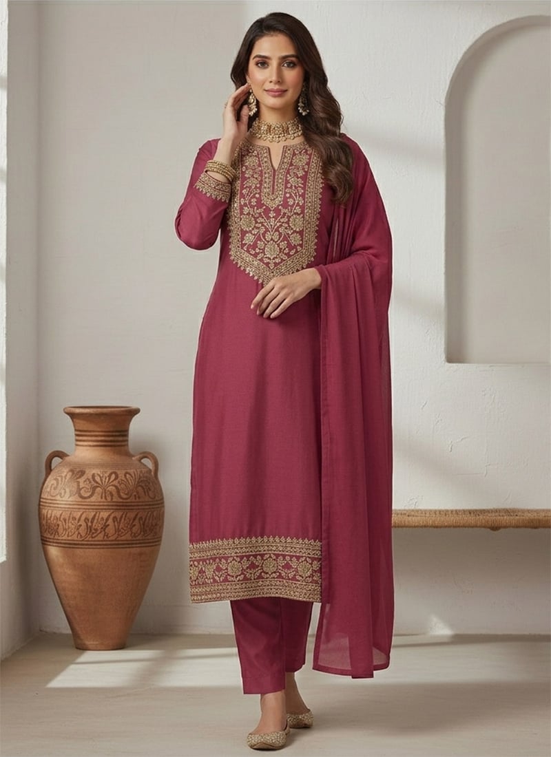 Graceful Burgundy Silk Zari Sequins Straight Pant Suit Festive Wear