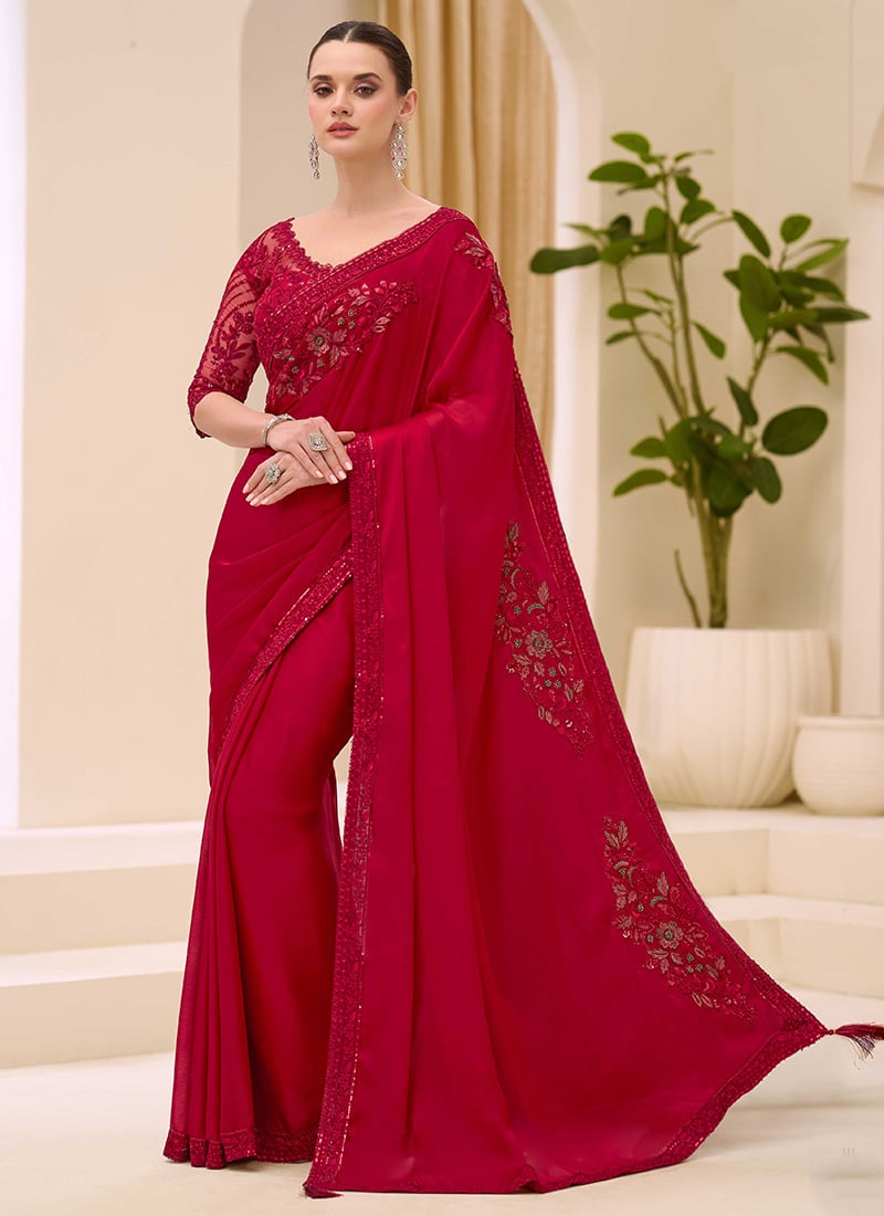 Graceful Cherry Red Chiffon Embroidered Sequins Beads Thread Saree Wedding Wear