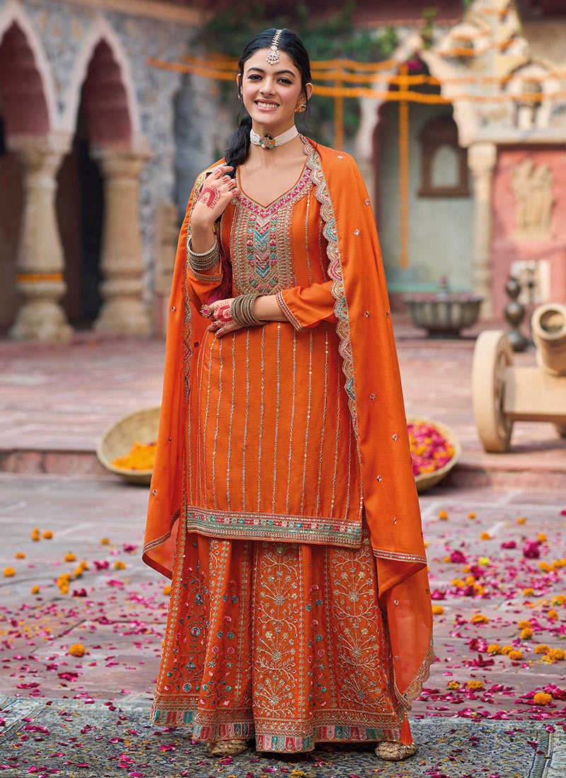 Graceful Chinon Embroidered Sequins Pakistani Palazzo Suit In Orange Festive Wear