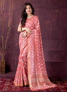 Graceful Coral Pink Chanderi Silk Batik Print Saree