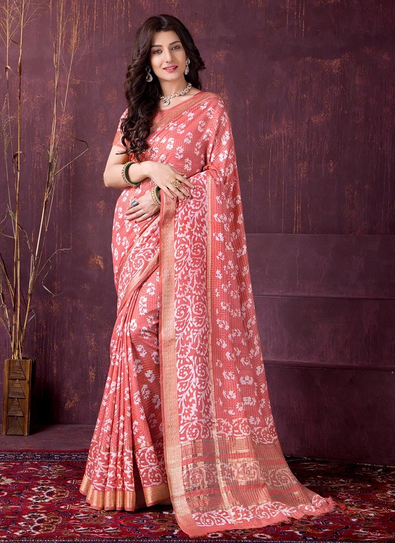 Graceful Coral Pink Chanderi Silk Batik Print Saree After Six Wear