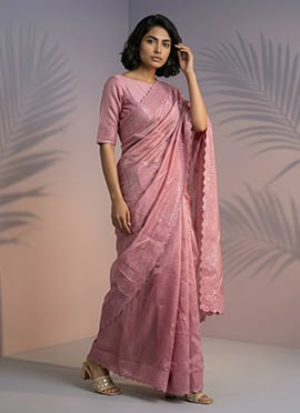 Graceful Coral Pink Rasberry Silk Hand Embroidered Saree