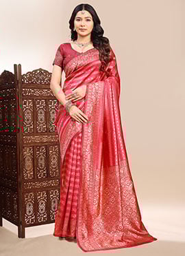 Graceful Coral Pink Silk Jacquard Zari Saree