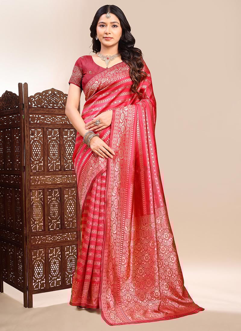 Graceful Coral Pink Silk Jacquard Zari Saree Festive Wear