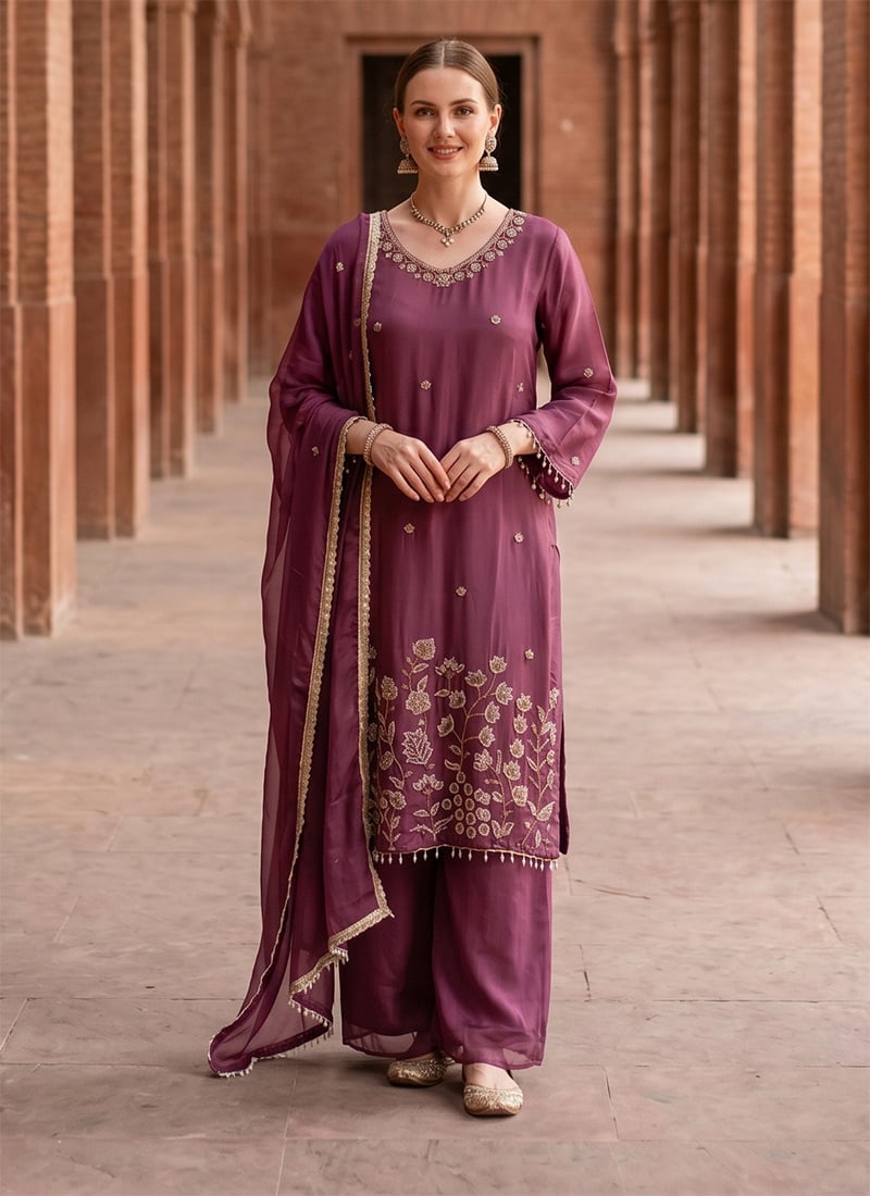 Graceful Coral Rangoli Silk Beads Embroidered Zari Palazzo Suit Festive Wear