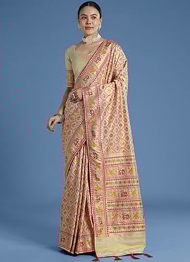 Graceful Cream Banarasi Satin Silk Patola Zari Woven Saree