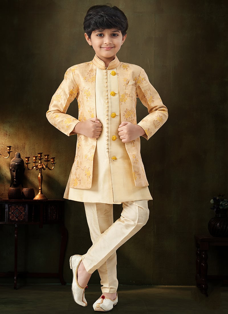 Graceful Cream Banarasi Silk Jacquard Kids Boys Indowestern Sherwani Wedding Wear