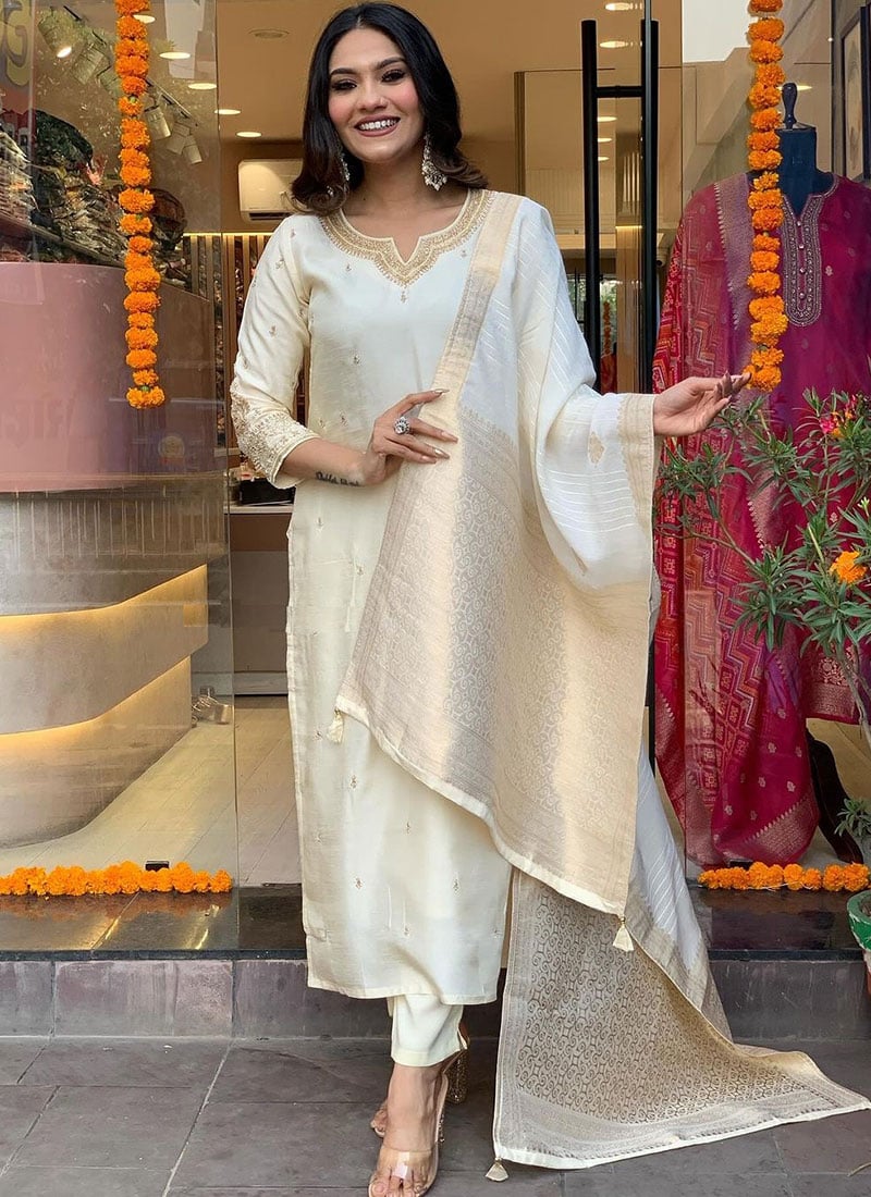 Graceful Cream Cotton Embroidered Straight Pant Suit Festive Wear