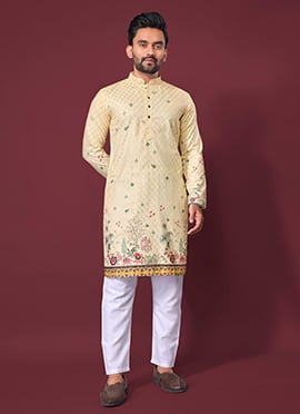 Graceful Cream Cotton Rayon Embroidered Sequins Kurta Pyjama