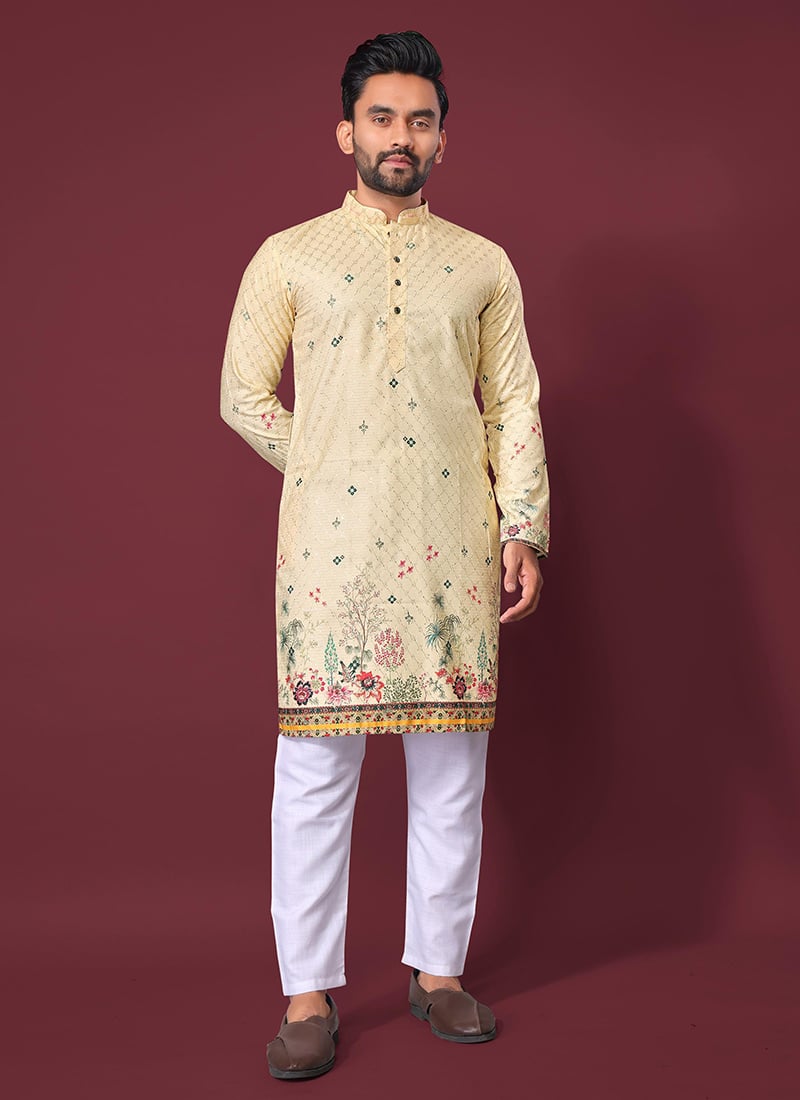Graceful Cream Cotton Rayon Embroidered Sequins Kurta Pyjama Festive Wear