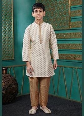 Graceful Cream Jacquard Silk Zari Kids Boys Kurta Pyjama