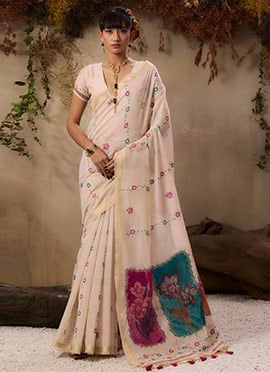Graceful Cream Muga Cotton Resham Zari Printed Floral Print Saree