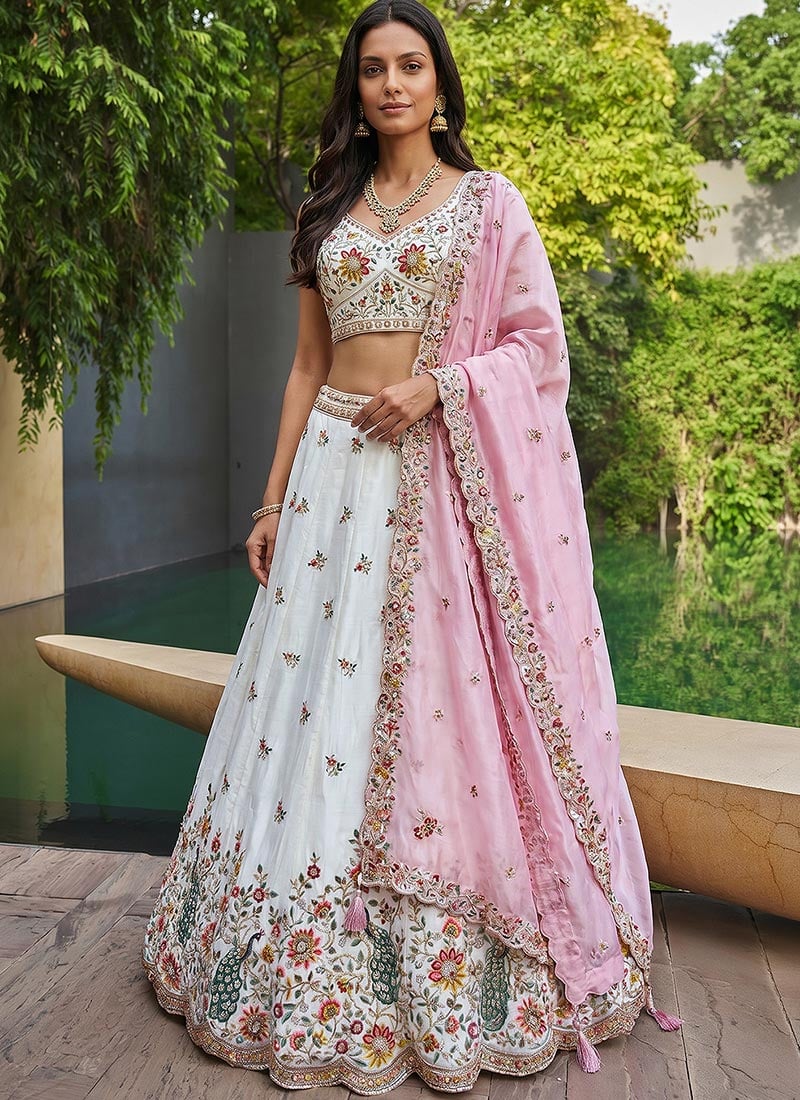 Graceful Cream Organza Embroidered Umbrella Lehenga Wedding Wear