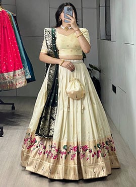 Graceful Cream Paithani Silk Jacquard Zari Woven A Line Lehenga