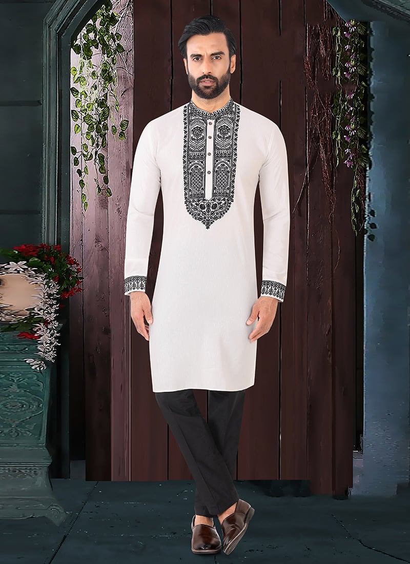 Graceful Cream Rayon Embroidered Thread Kurta Pyjama Festive Wear