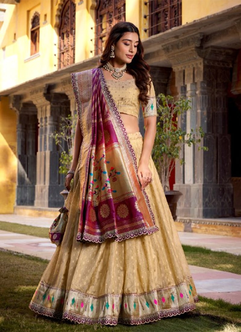 Graceful Cream Shimmer Organza Zari Embroidered Sequins Lehenga Wedding Wear