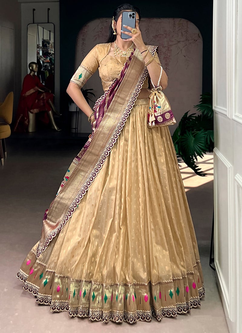 Graceful Cream Shimmer Organza Zari Jacquard Woven Umbrella Lehenga Wedding Wear