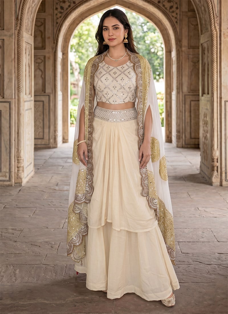 Graceful Cream Soft Crepe Silk Embroidery Sequins IndoWestern Set And Suit After Six Wear
