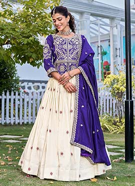 Graceful Cream Tissue Silk Embroidered Sequins Zari Thread A Line Lehenga