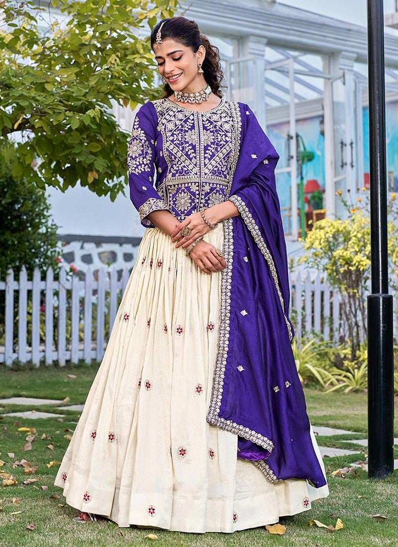 Graceful Cream Tissue Silk Embroidered Sequins Zari Thread A Line Lehenga Wedding Wear