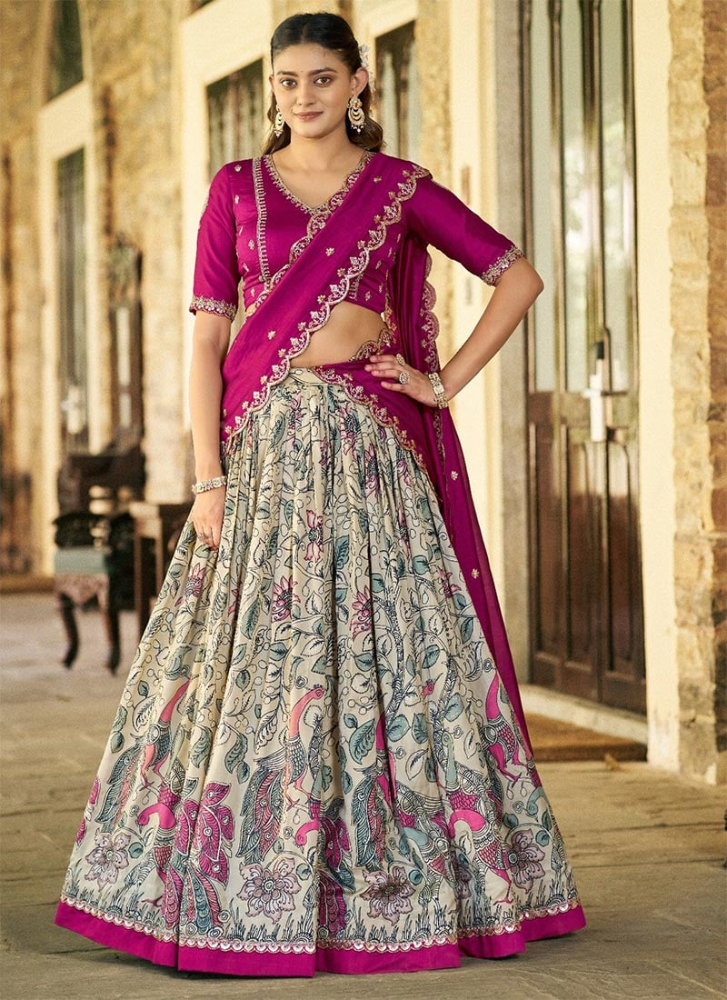 Graceful Cream Tussar Silk Kalamkari Print With Lace Border Umbrella Lehenga Festive Wear