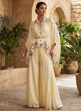 Graceful Cream Viscose Chinon Embroidery Work Indowestern Set and Suit