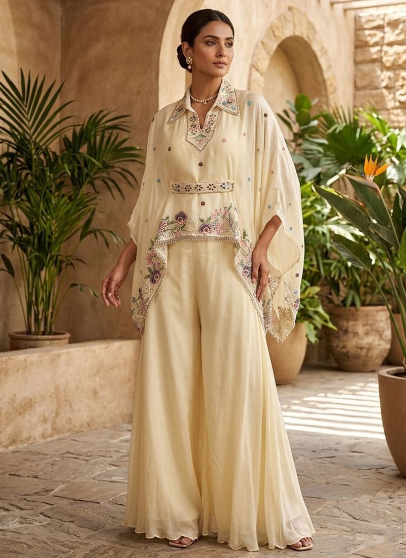 Graceful Cream Viscose Chinon Embroidery Work Indowestern Set and Suit After Six Wear