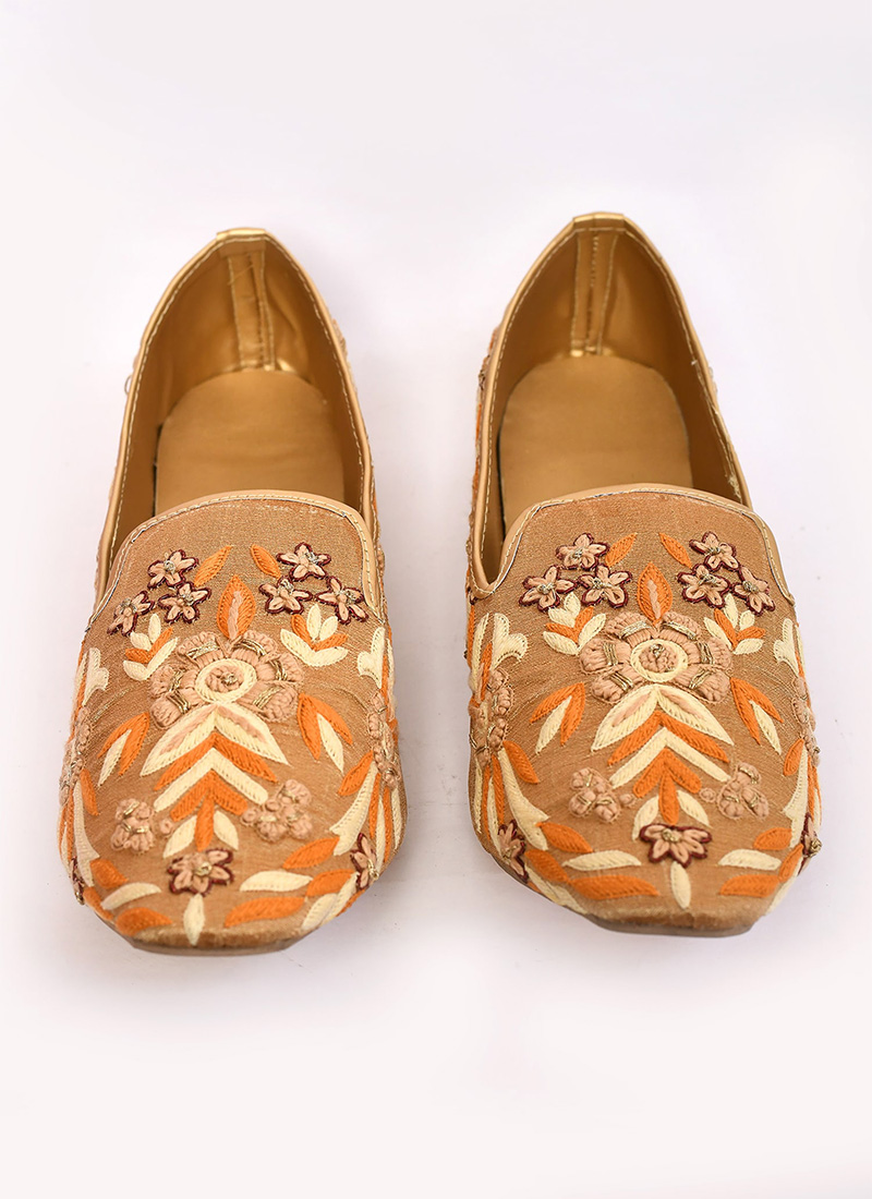 Graceful Dark Beige Dupion Silk Hand Embroidered Mojri