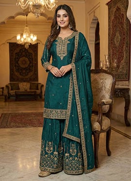 Graceful Dark Green Silk Embroidered Sequins Sharara Suit