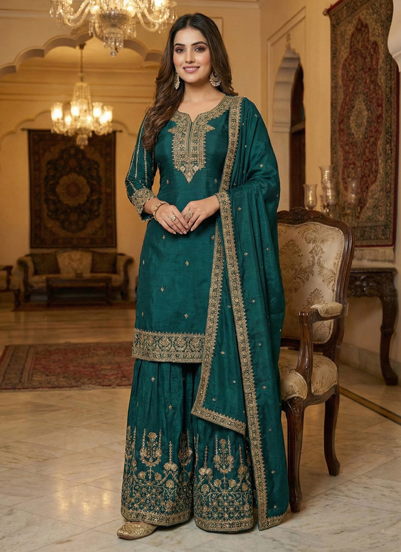 Graceful Dark Green Silk Embroidered Sequins Sharara Suit Festive Wear