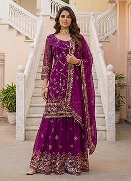 Graceful Dark Purple Faux Georgette Embroidered Sequins Sharara Suit