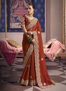 Graceful Deep Orange Viscose Organza Beads Embroidered Sequins Saree