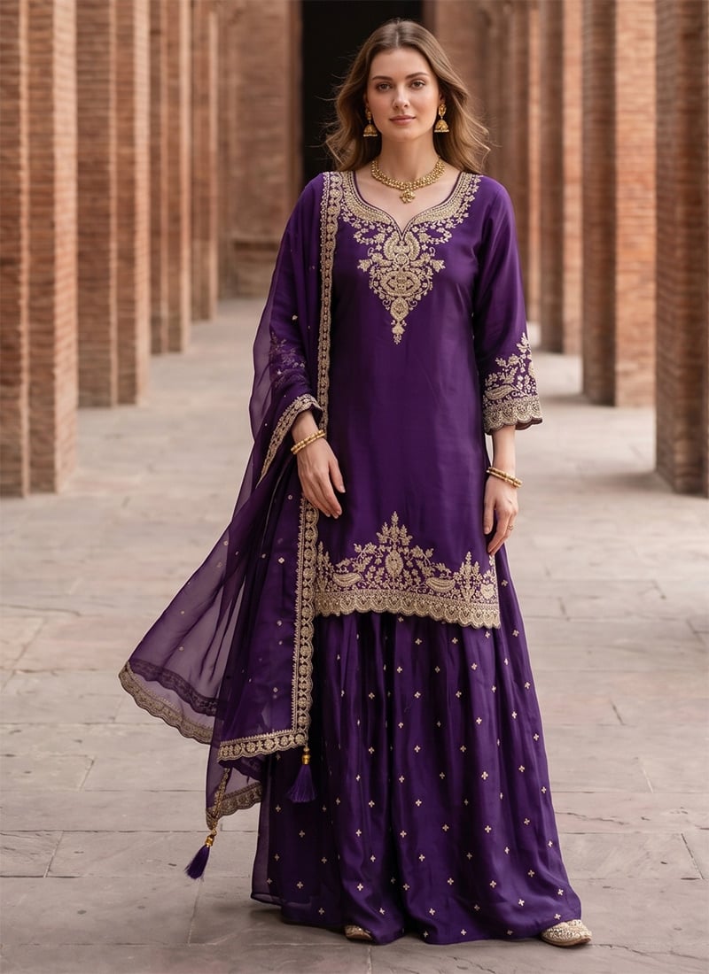 Graceful Deep Purple Silk Blend Embroidered Sequins Stones Zari Palazzo Suit Festive Wear