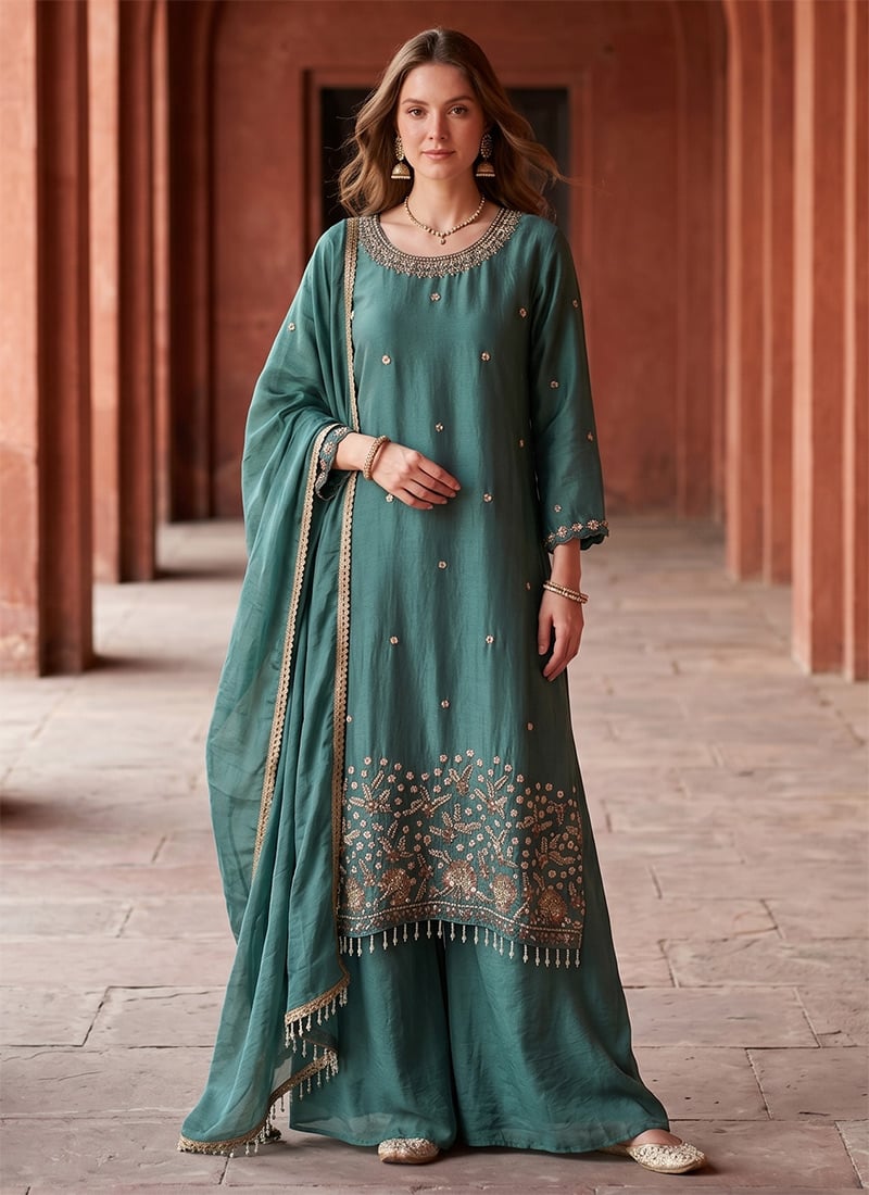 Graceful Deep Teal Rangoli Crush Fabric Embroidered Zari Palazzo Suit After Six Wear