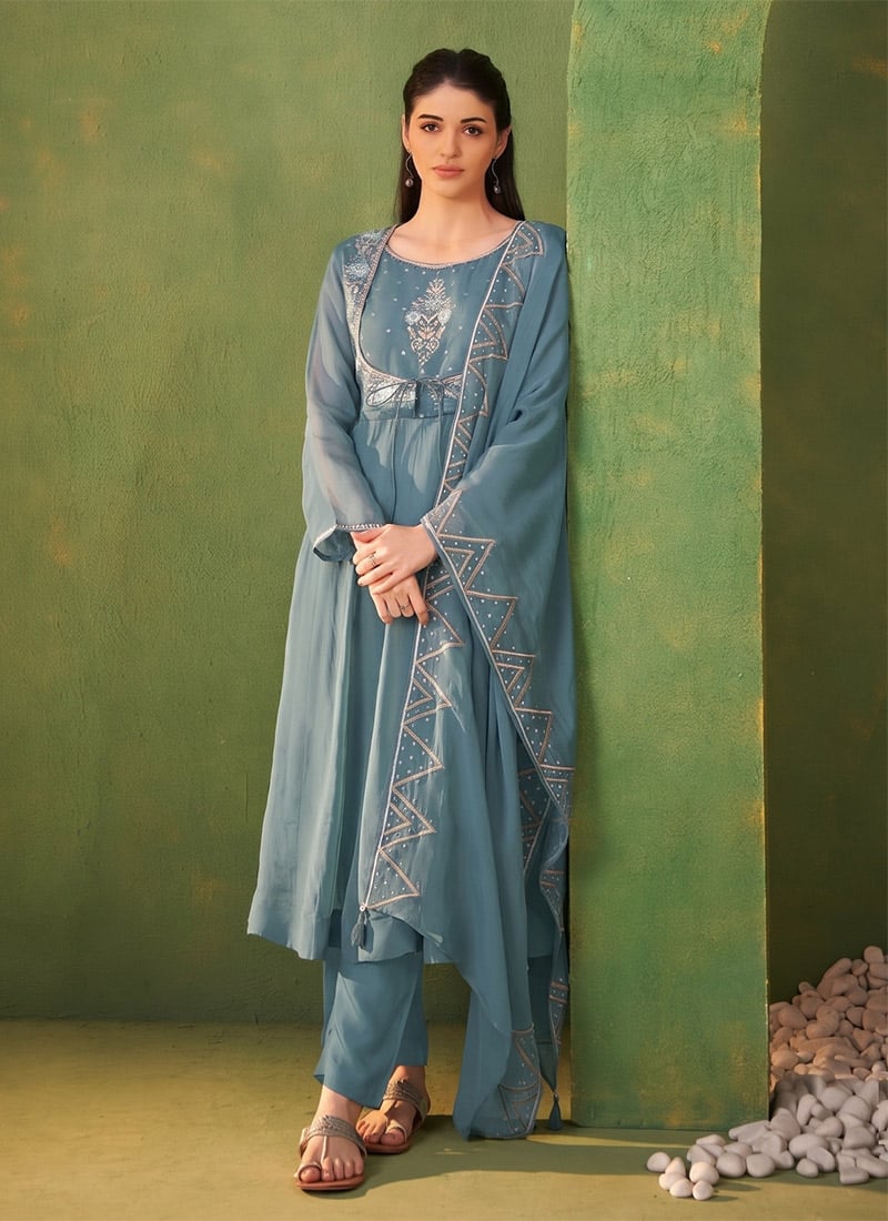 Graceful Dusty Blue Organza Embroidered Straight Pant Suit After Six Wear