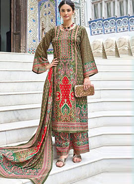 Graceful Dusty Green Crepe Silk Mirror Work Digital Print Palazzo Suit