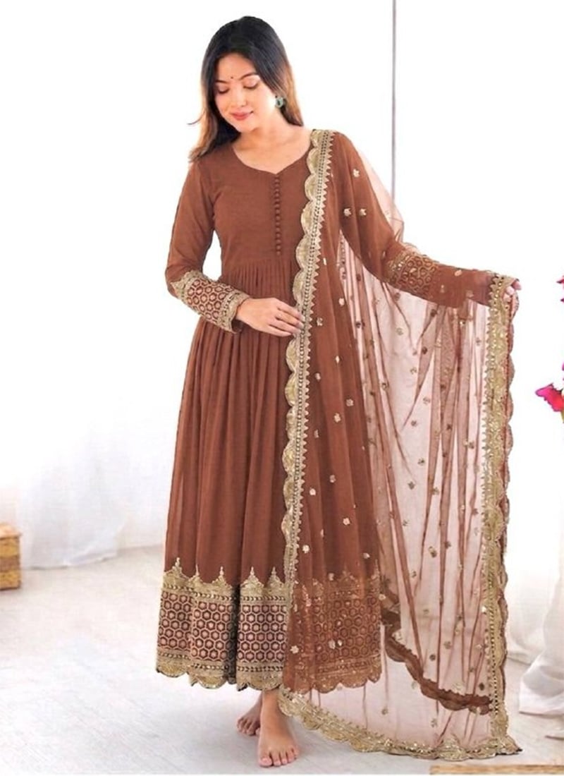 Graceful Dusty Mauve Faux Georgette Embroidered Sequins Anarkali Suit After Six Wear