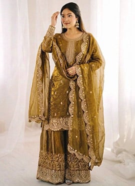 Graceful Dusty Yellow Fendy Silk Embroidered Sequins Moti Palazzo Suit