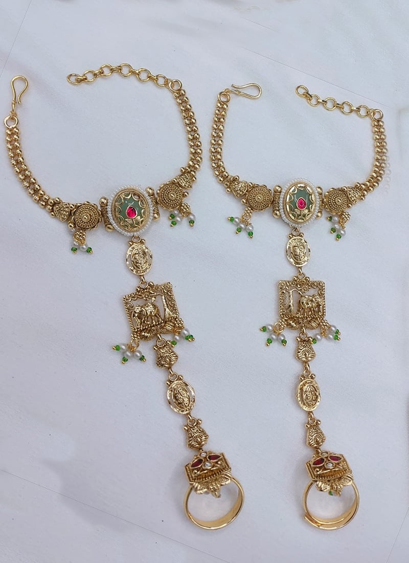 Graceful Gold Copper Beads Kundan Haath Pool Wedding Wear