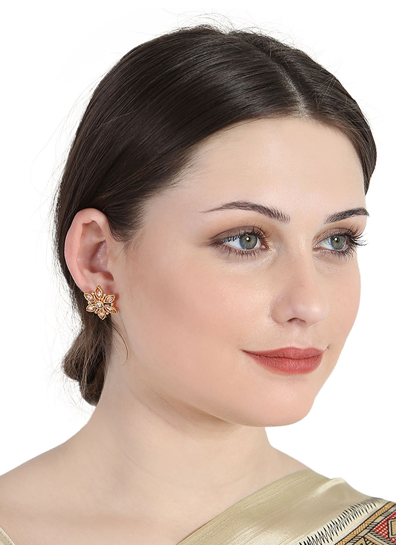 Graceful Gold Cubic Zirconia Stone Studded Gold Plated Floral Shape Studs After Six Wear