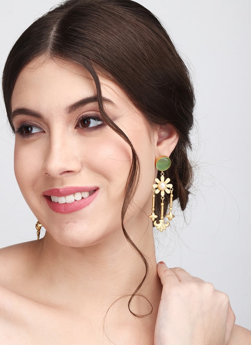 Graceful Gold Pearl Stone Danglers After Six Wear