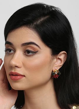 Graceful Gold Plated Kundan Studs White Stones And Red Beads Dangles