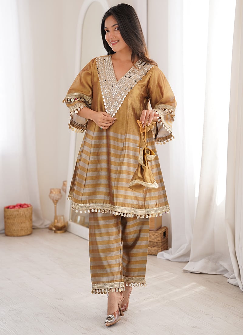Graceful Gold Two Tone Line Tissue Silk Coding Embroidered Mirror Work Lace Kurta Straight Pant Set After Six Wear