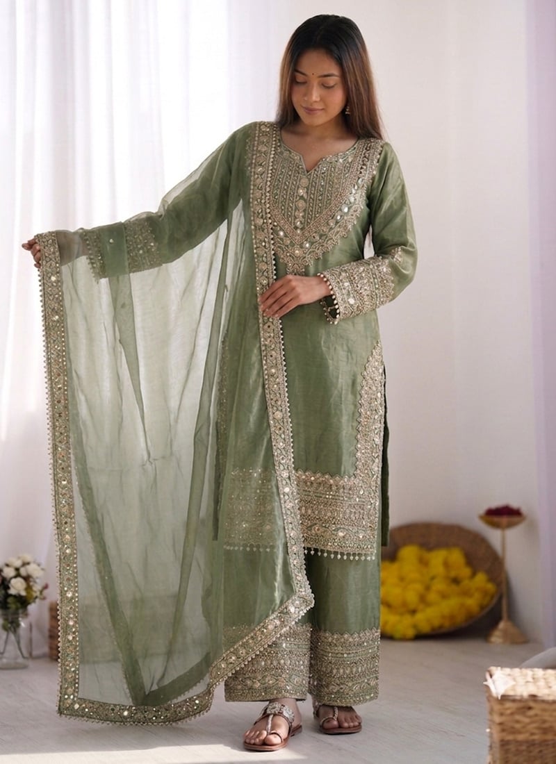Graceful Green Art Silk Embroidered Sequins Palazzo Suit with Fancy Silk Lace Border After Six Wear