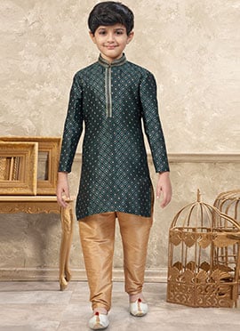 Graceful Green Banarasi Silk Jacquard Thread Lace Work Kids Boys Kurta Pyjama