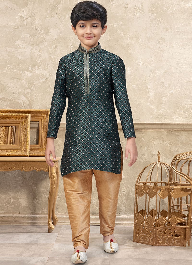 Graceful Green Banarasi Silk Jacquard Thread Lace Work Kids Boys Kurta Pyjama Festive Wear