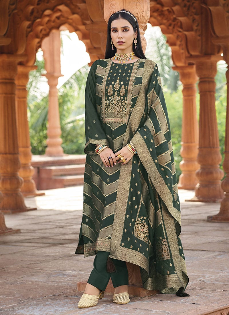 Graceful Green Banglori Silk Jacquard Straight Pant Suit After Six Wear